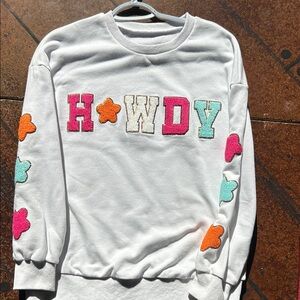 Howdy White Sweatshirt with Colorful Patches